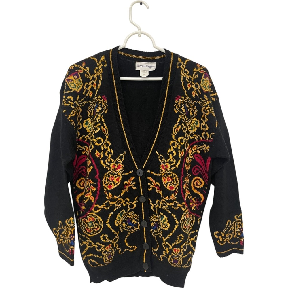 Norton McNaughton Cardigan Black Jewelry Chain Womens Size 40 Long Sleeve Knit